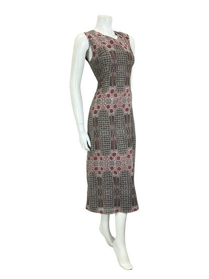 VTG 60S 70S BLACK PINK BROWN WHITE GEOMETRIC PSYCHEDELIC FLORAL MIDI DRESS 10