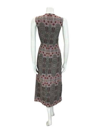 VTG 60S 70S BLACK PINK BROWN WHITE GEOMETRIC PSYCHEDELIC FLORAL MIDI DRESS 10