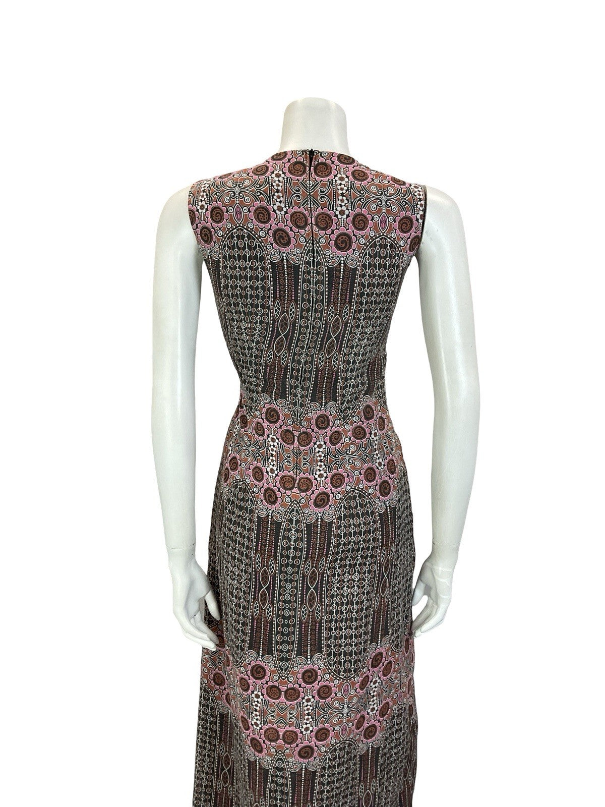 VTG 60S 70S BLACK PINK BROWN WHITE GEOMETRIC PSYCHEDELIC FLORAL MIDI DRESS 10