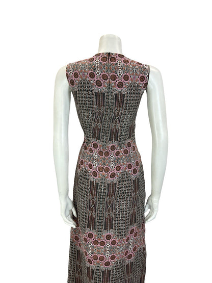 VTG 60S 70S BLACK PINK BROWN WHITE GEOMETRIC PSYCHEDELIC FLORAL MIDI DRESS 10