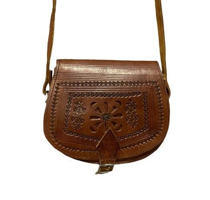 VTG 60S 70S REDDISH BROWN FOLK BOHO EMBOSSED GEOMETRIC BUCKLE CROSS BODY BAG