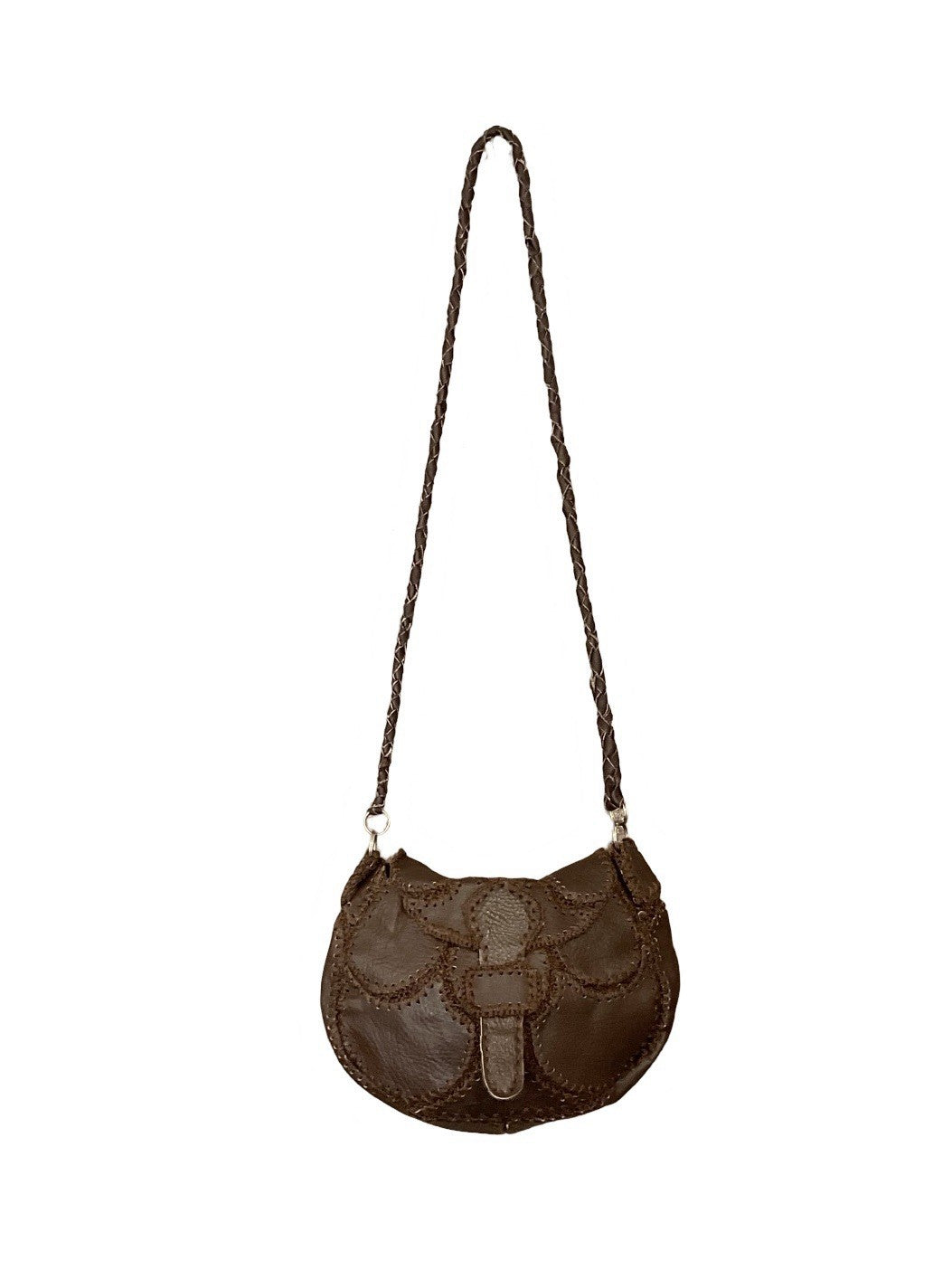VTG 60S 70S DARK BROWN LEATHER STITCH PATCHWORK WOVEN HIPPY BOHO SHOULDER BAG