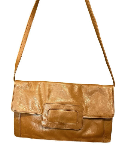 VTG 60S 70S TAN BROWN GEOMETRIC MOD RECTANGULAR LEATHER BAGUETTE BAG