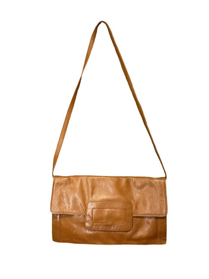 VTG 60S 70S TAN BROWN GEOMETRIC MOD RECTANGULAR LEATHER BAGUETTE BAG