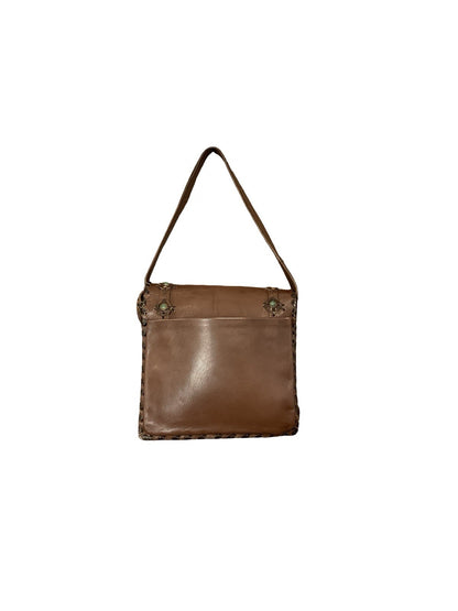 VTG 60S 70S BROWN LEATHER GREEN BEADED WHIP STITCH BOHO HIPPY SHOULDER BAG