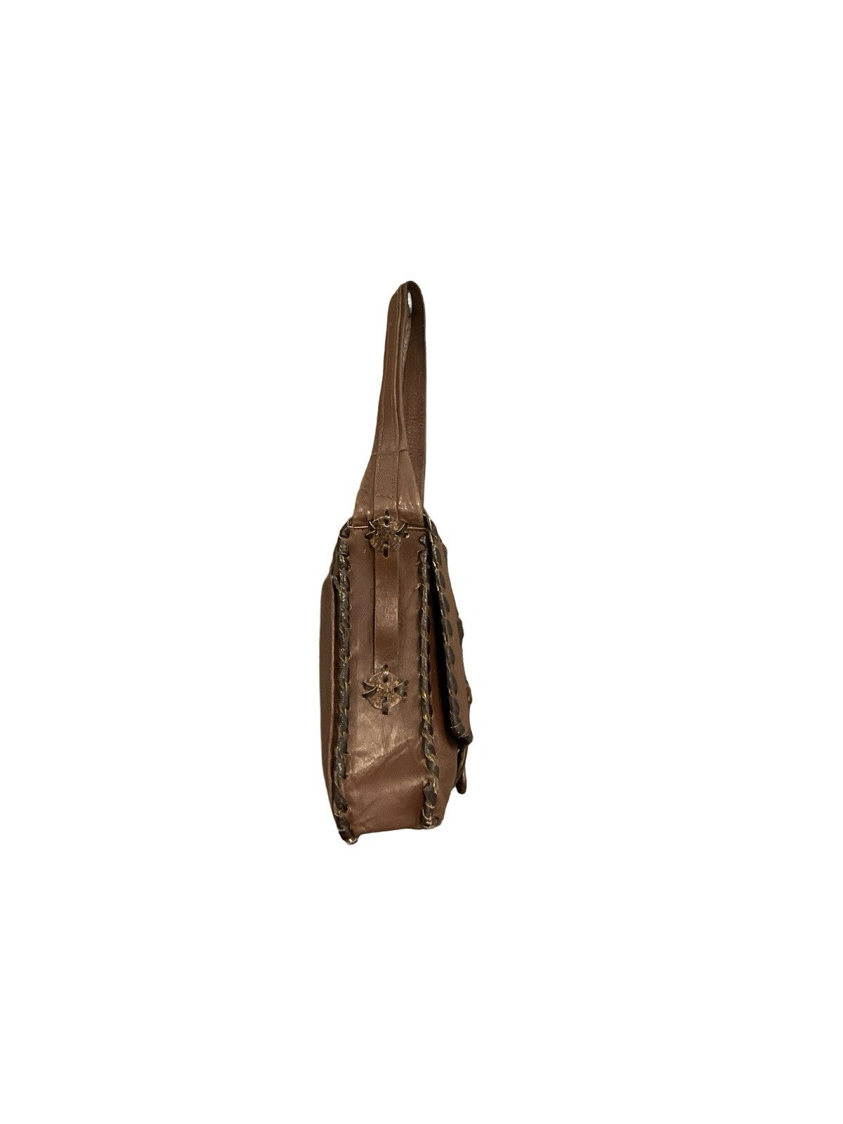 VTG 60S 70S BROWN LEATHER GREEN BEADED WHIP STITCH BOHO HIPPY SHOULDER BAG