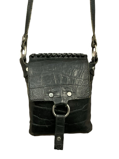 VTG 60S 70S BLACK CROCODILE SILVER STUDDED LEATHER O RING CROSS BODY BAG