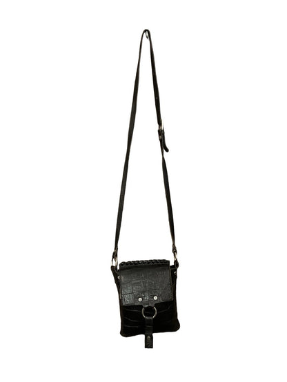 VTG 60S 70S BLACK CROCODILE SILVER STUDDED LEATHER O RING CROSS BODY BAG