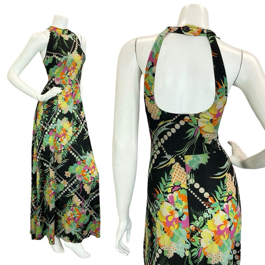 VTG 60S 70S BLACK YELLOW GREEN PINK WHITE DOTTY FLORAL HALTER NECK MAXI DRESS 8