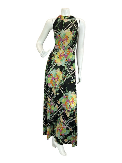 VTG 60S 70S BLACK YELLOW GREEN PINK WHITE DOTTY FLORAL HALTER NECK MAXI DRESS 8