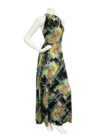 VTG 60S 70S BLACK YELLOW GREEN PINK WHITE DOTTY FLORAL HALTER NECK MAXI DRESS 8