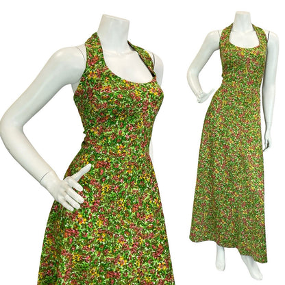 VTG 60S 70S GREEN RED YELLOW PSYCHEDELIC FLORAL HALTER NECK MAXI DRESS 14 16