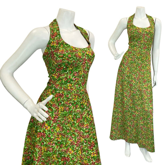VTG 60S 70S GREEN RED YELLOW PSYCHEDELIC FLORAL HALTER NECK MAXI DRESS 14 16