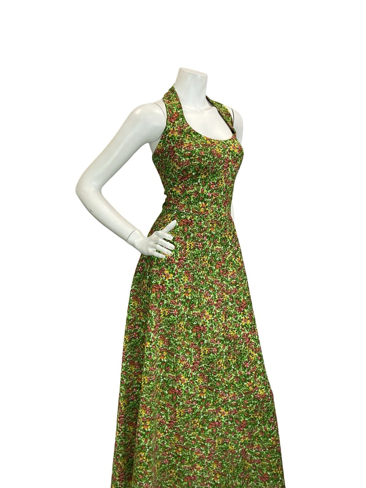 VTG 60S 70S GREEN RED YELLOW PSYCHEDELIC FLORAL HALTER NECK MAXI DRESS 14 16