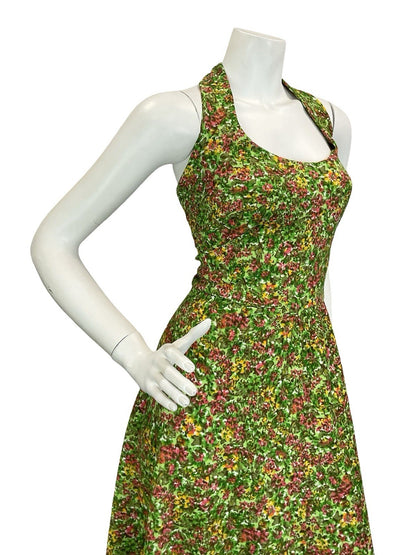 VTG 60S 70S GREEN RED YELLOW PSYCHEDELIC FLORAL HALTER NECK MAXI DRESS 14 16