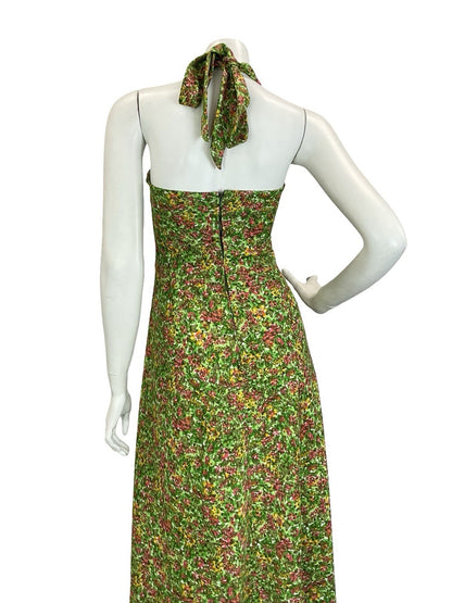 VTG 60S 70S GREEN RED YELLOW PSYCHEDELIC FLORAL HALTER NECK MAXI DRESS 14 16