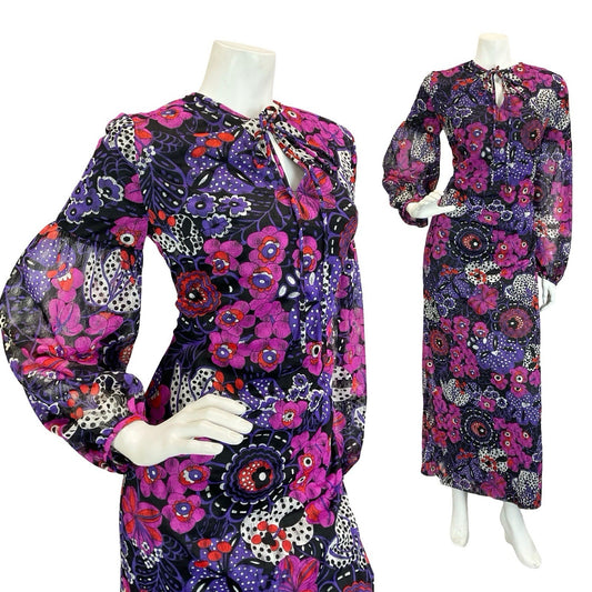 VTG 60S 70S PURPLE BLACK WHITE PSYCHEDELIC FLORAL JULIET SLEEVE MAXI DRESS 10