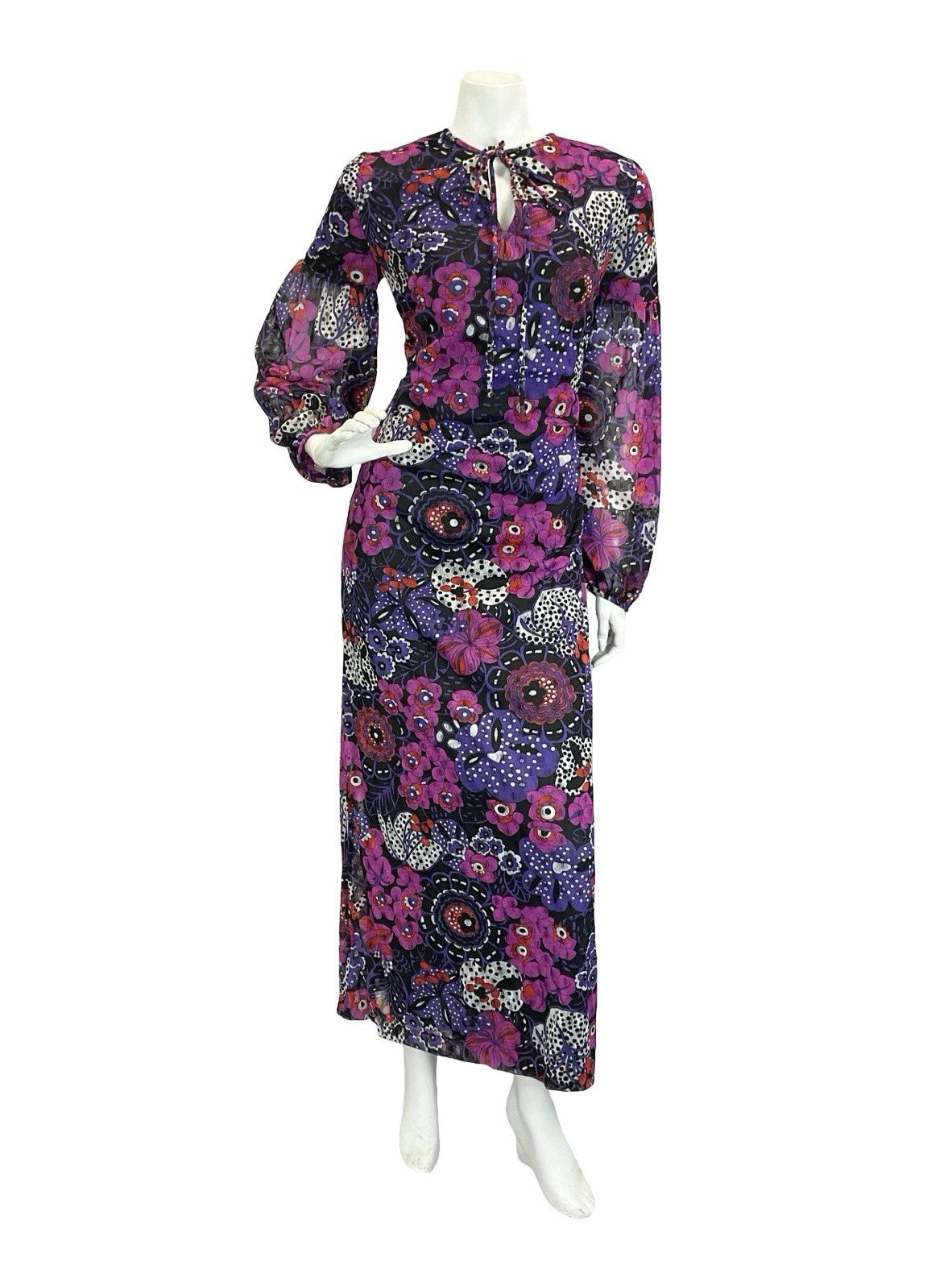 VTG 60S 70S PURPLE BLACK WHITE PSYCHEDELIC FLORAL JULIET SLEEVE MAXI DRESS 10