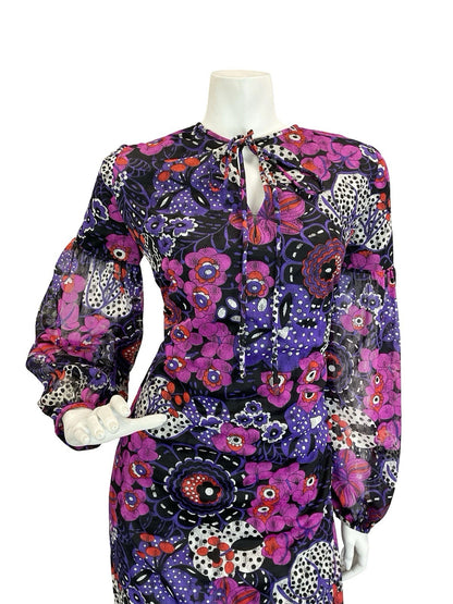 VTG 60S 70S PURPLE BLACK WHITE PSYCHEDELIC FLORAL JULIET SLEEVE MAXI DRESS 10