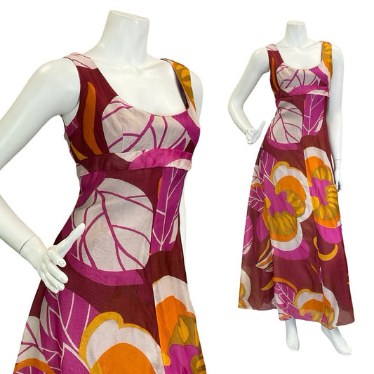 VTG 60S 70S RED WHITE PINK ORANGE FLORAL EMPIRE PSYCHEDELIC MAXI DRESS 10