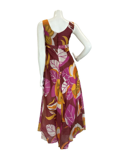 VTG 60S 70S RED WHITE PINK ORANGE FLORAL EMPIRE PSYCHEDELIC MAXI DRESS 10