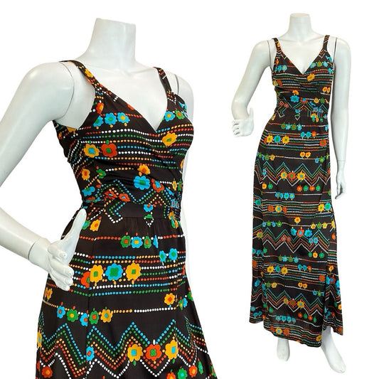 VTG 60S 70S BROWN RED GREEN BLUE FLOWER ZIG ZAG DOTTY WRAP STRAPPY MAXI DRESS 6