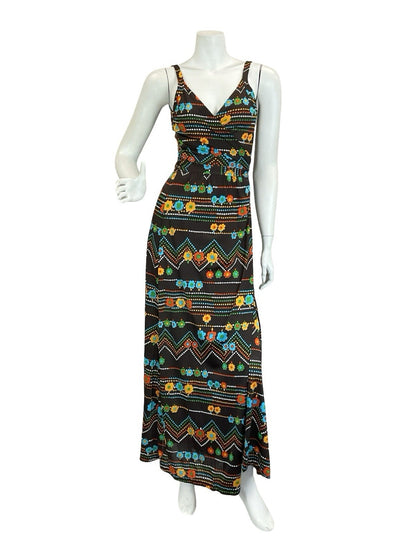 VTG 60S 70S BROWN RED GREEN BLUE FLOWER ZIG ZAG DOTTY WRAP STRAPPY MAXI DRESS 6