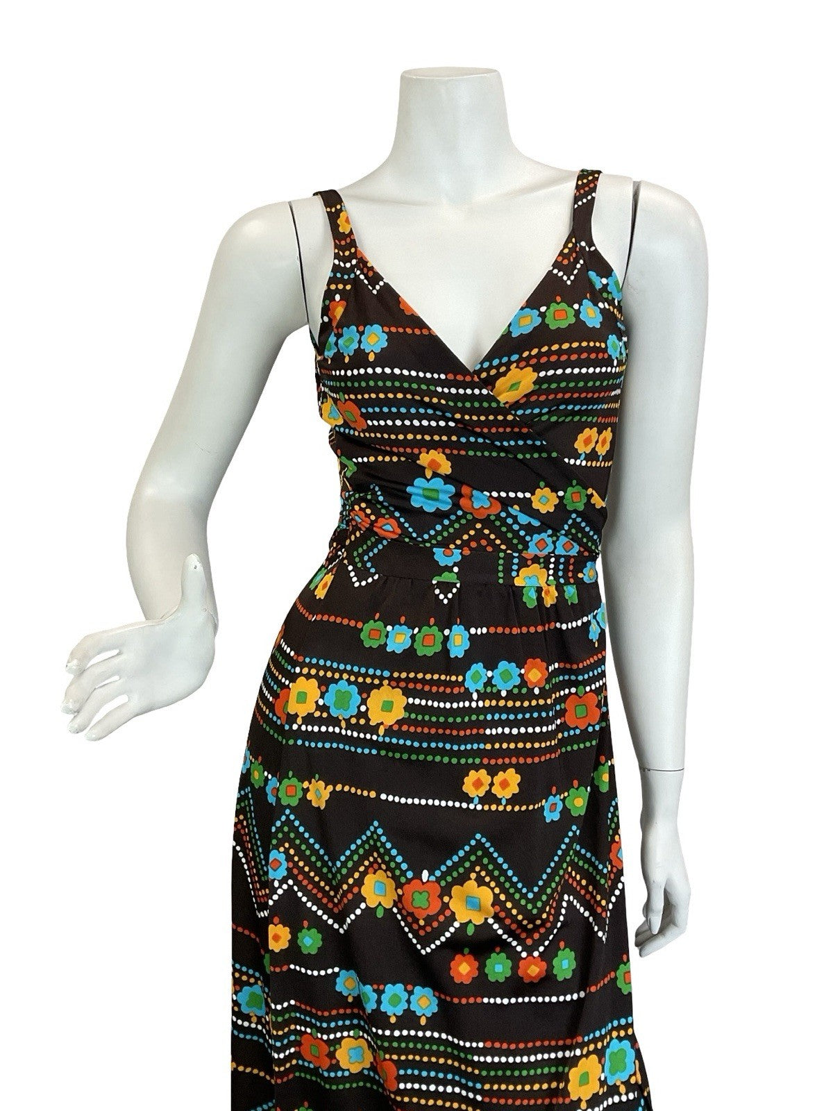 VTG 60S 70S BROWN RED GREEN BLUE FLOWER ZIG ZAG DOTTY WRAP STRAPPY MAXI DRESS 6