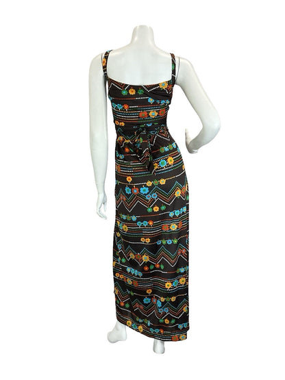 VTG 60S 70S BROWN RED GREEN BLUE FLOWER ZIG ZAG DOTTY WRAP STRAPPY MAXI DRESS 6