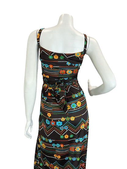 VTG 60S 70S BROWN RED GREEN BLUE FLOWER ZIG ZAG DOTTY WRAP STRAPPY MAXI DRESS 6