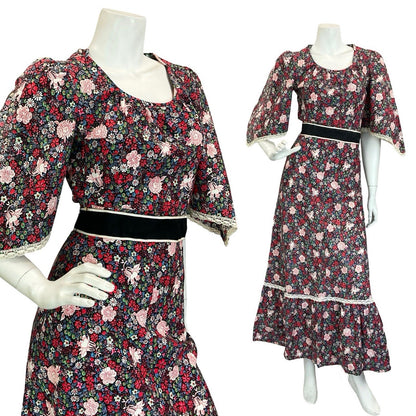 VTG 60S 70S BLACK RED BLUE WHITE FLORAL COTTAGE HANDKERCHIEF RUFFLE DRESS 4 6