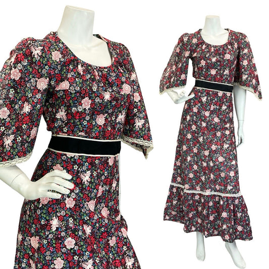 VTG 60S 70S BLACK RED BLUE WHITE FLORAL COTTAGE HANDKERCHIEF RUFFLE DRESS 4 6