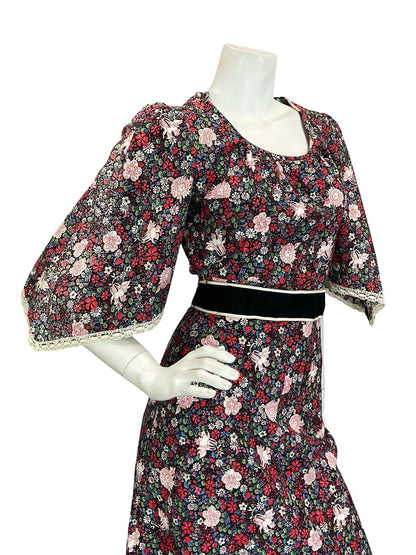 VTG 60S 70S BLACK RED BLUE WHITE FLORAL COTTAGE HANDKERCHIEF RUFFLE DRESS 4 6