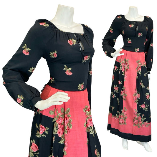 VTG 60S 70S BLACK PINK BETTY BARCLAY ROSE PLEATED KEYHOLE BOHO MAXI DRESS 8
