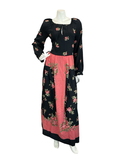 VTG 60S 70S BLACK PINK BETTY BARCLAY ROSE PLEATED KEYHOLE BOHO MAXI DRESS 8
