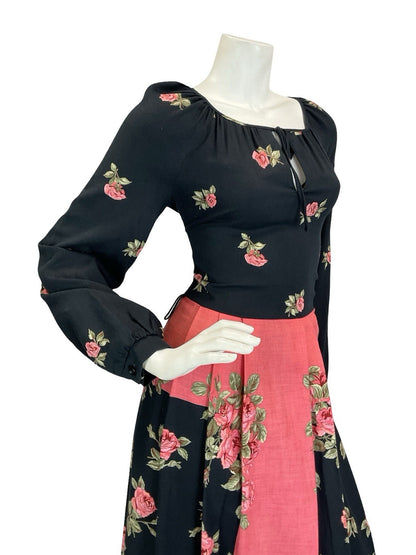 VTG 60S 70S BLACK PINK BETTY BARCLAY ROSE PLEATED KEYHOLE BOHO MAXI DRESS 8