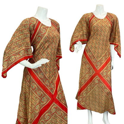 VTG 60S 70S BEIGE RED PAISLEY FLORAL BOHO HIPPY HANDKERCHEIF MAXI DRESS 12
