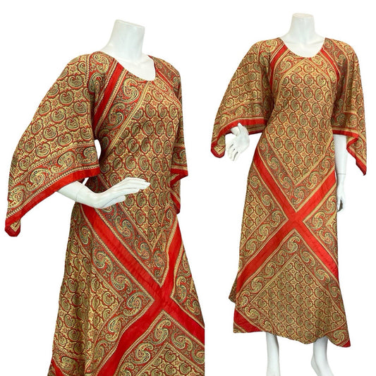 VTG 60S 70S BEIGE RED PAISLEY FLORAL BOHO HIPPY HANDKERCHEIF MAXI DRESS 12