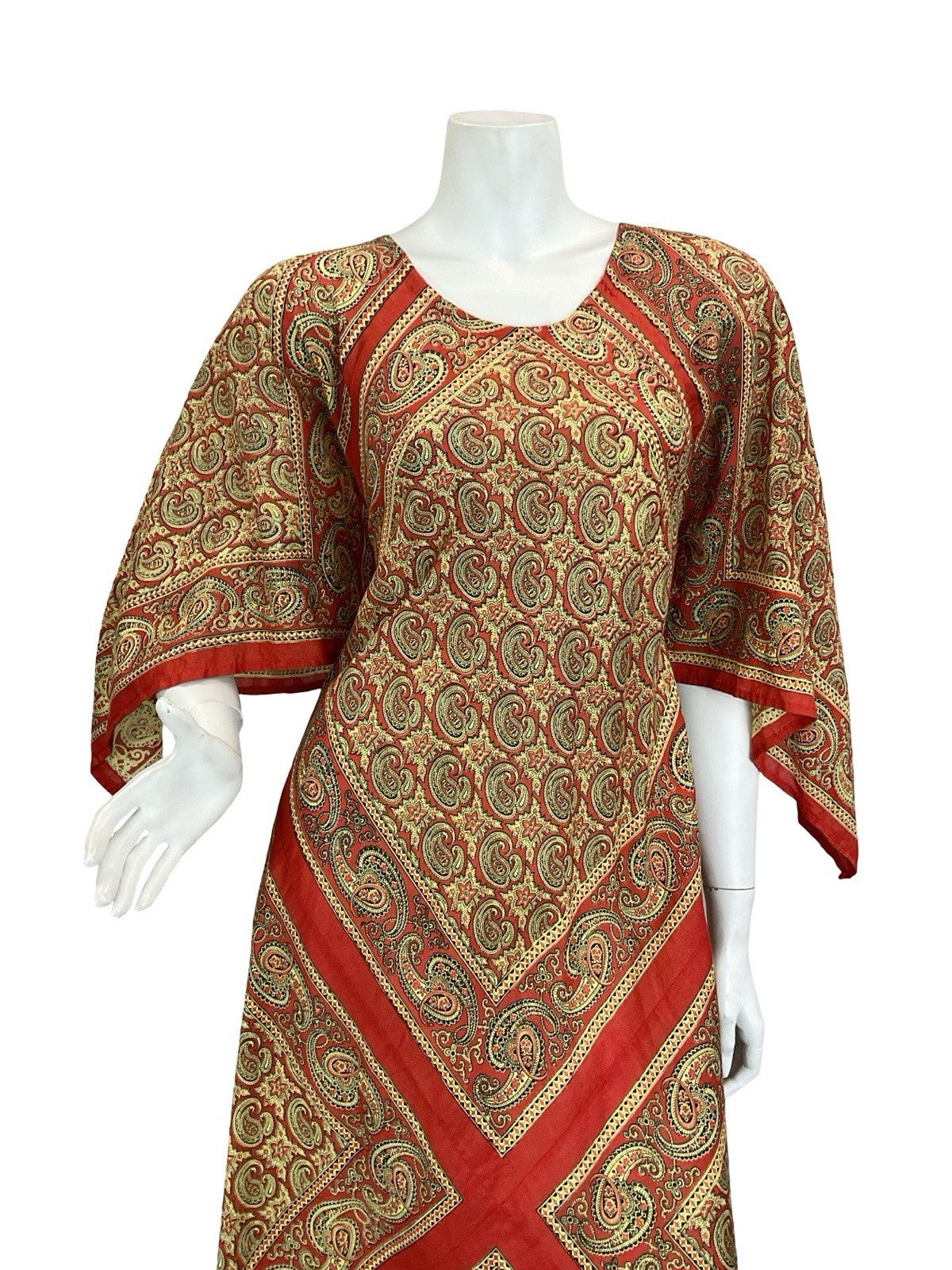 VTG 60S 70S BEIGE RED PAISLEY FLORAL BOHO HIPPY HANDKERCHEIF MAXI DRESS 12