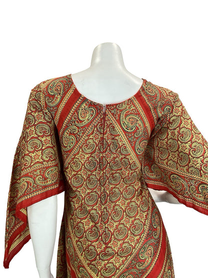 VTG 60S 70S BEIGE RED PAISLEY FLORAL BOHO HIPPY HANDKERCHEIF MAXI DRESS 12