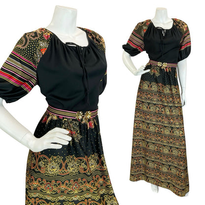 VTG 60S 70S BLACK YELLOW RED PINK FOLK BOHO STRIPE BELTED MAXI DRESS 14 16