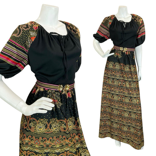 VTG 60S 70S BLACK YELLOW RED PINK FOLK BOHO STRIPE BELTED MAXI DRESS 14 16