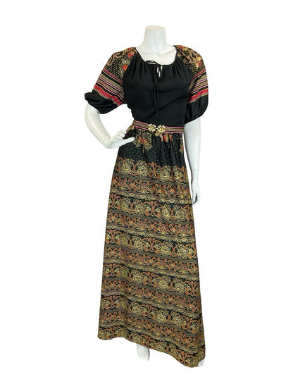 VTG 60S 70S BLACK YELLOW RED PINK FOLK BOHO STRIPE BELTED MAXI DRESS 14 16