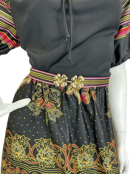 VTG 60S 70S BLACK YELLOW RED PINK FOLK BOHO STRIPE BELTED MAXI DRESS 14 16