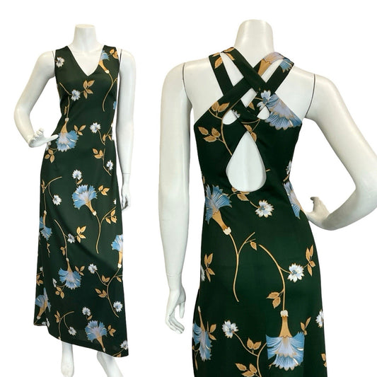 VTG 60S 70S GREEN BLUE BEIGE PSYCHEDELIC FLORAL STRAPPY CROSS BACK MAXI DRESS 14