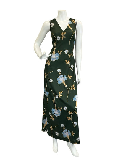 VTG 60S 70S GREEN BLUE BEIGE PSYCHEDELIC FLORAL STRAPPY CROSS BACK MAXI DRESS 14
