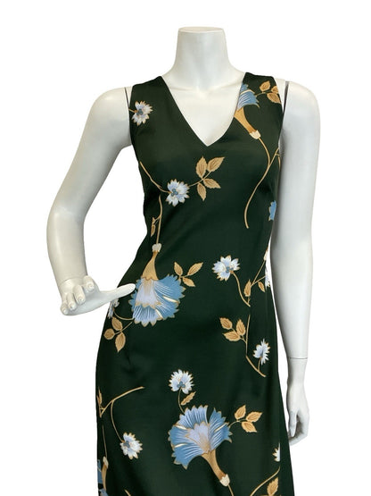 VTG 60S 70S GREEN BLUE BEIGE PSYCHEDELIC FLORAL STRAPPY CROSS BACK MAXI DRESS 14