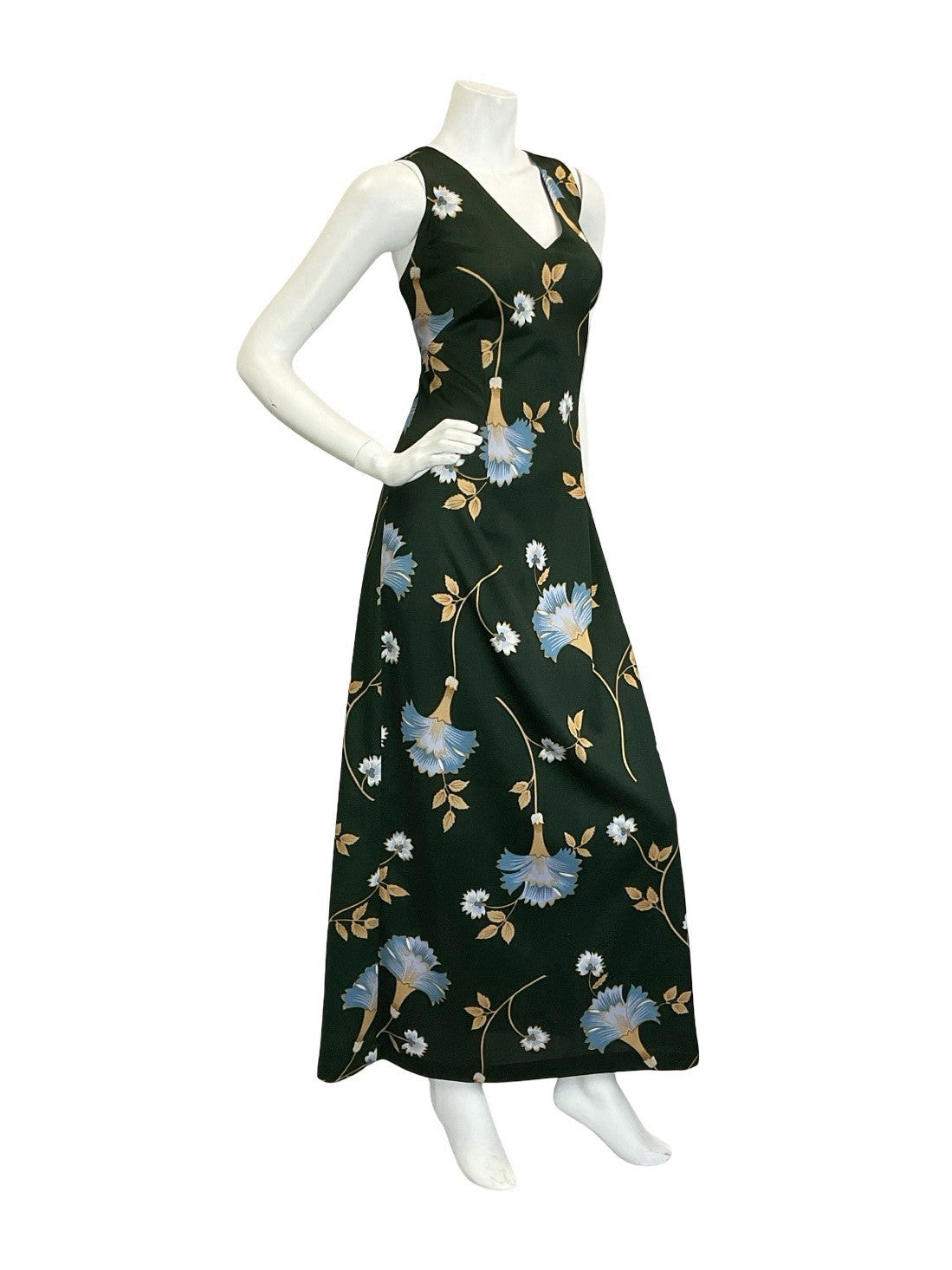 VTG 60S 70S GREEN BLUE BEIGE PSYCHEDELIC FLORAL STRAPPY CROSS BACK MAXI DRESS 14