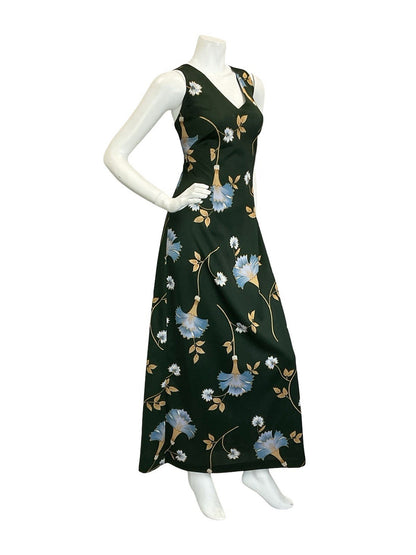 VTG 60S 70S GREEN BLUE BEIGE PSYCHEDELIC FLORAL STRAPPY CROSS BACK MAXI DRESS 14