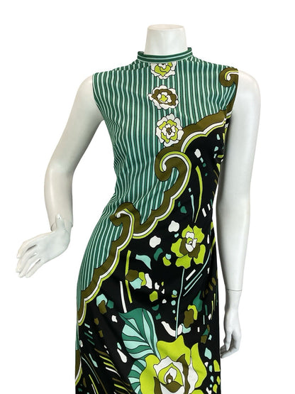 VTG 60S 70S GREEN BROWN WHITE BLACK PSYCHEDELIC STRIPED ROSE MAXI DRESS 10 12